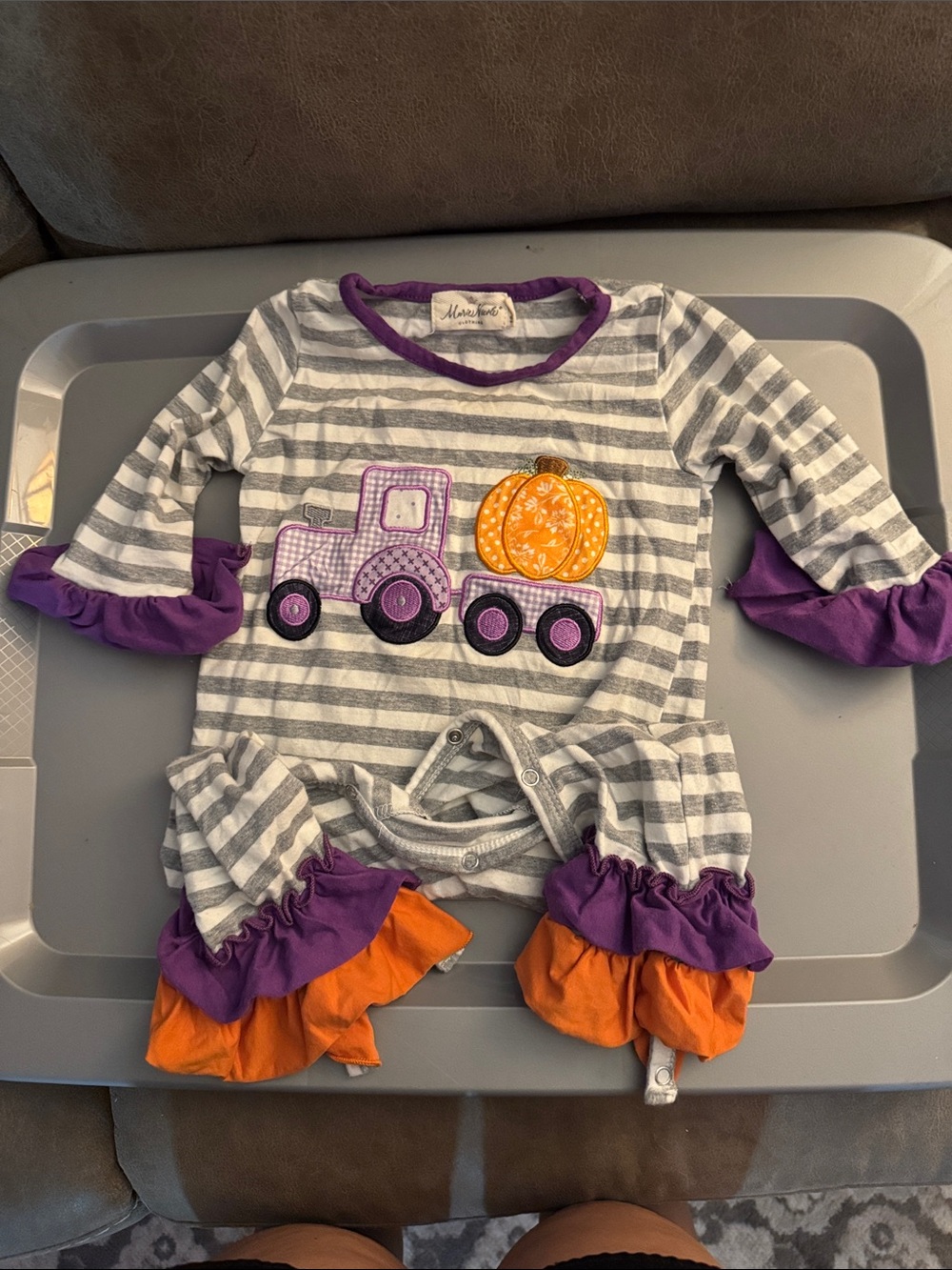 Striped Gray & Purple Pumpkin Tractor Baby One-Piece Bodysuit